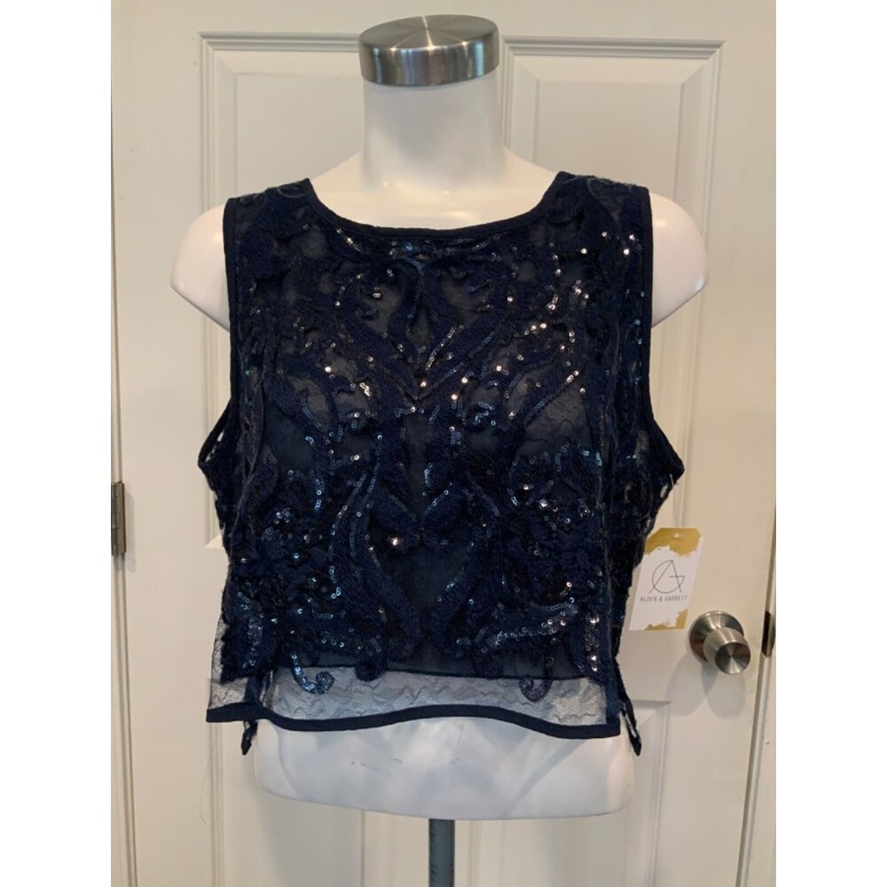 Zara Basic Collection Navy Blue Sequin Patterned Semi Sheer Cropped, Size Large